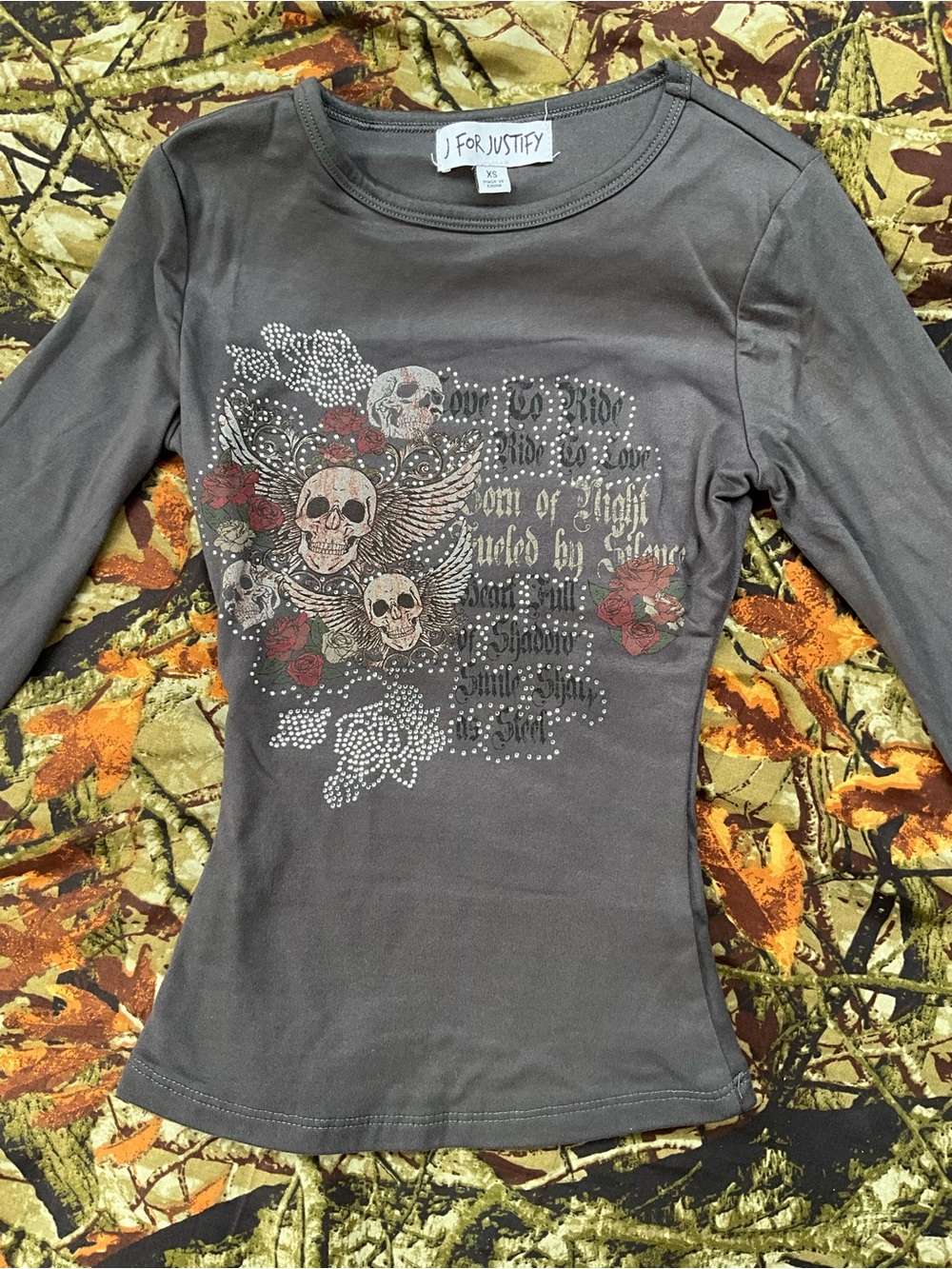 Y2K Grunge Rhinestone Skull Graphic Long Sleeve Top - J For Justify XS Biker